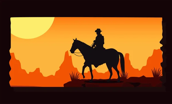 Salvaje oeste puesta de sol escena con vaquero en caballo — Vector de stock