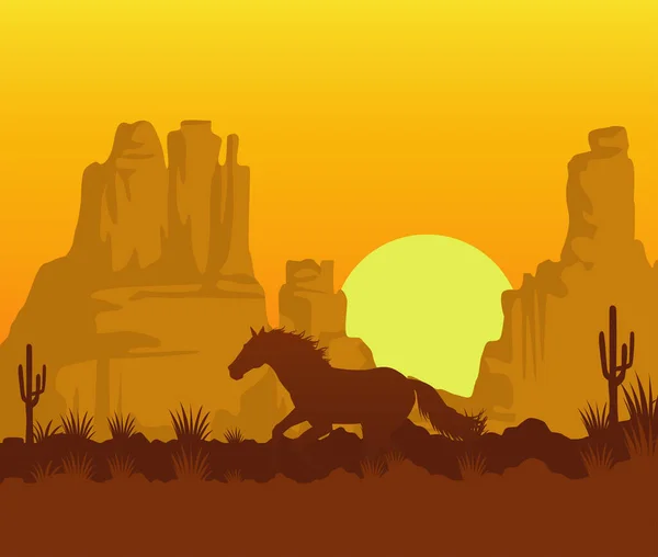 Salvaje oeste puesta de sol escena con caballo corriendo en el desierto — Vector de stock