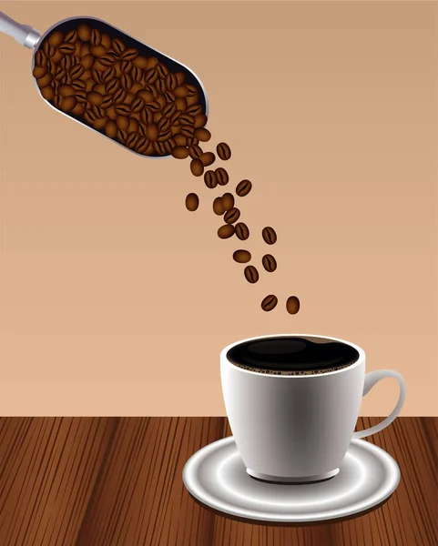 Délicieuse affiche de boisson de café avec tasse et cuillère de pelle de graines — Image vectorielle