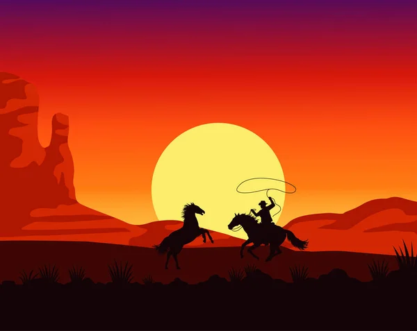 Salvaje oeste puesta del sol escena con vaquero lassoing caballo — Vector de stock