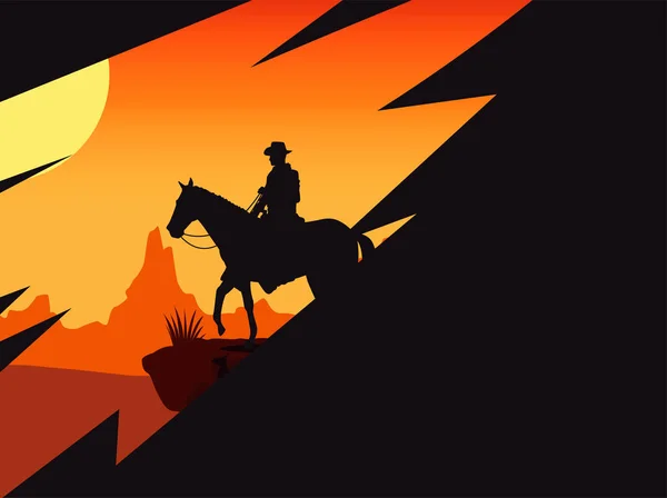 Salvaje oeste puesta de sol escena con caballo y vaquero — Vector de stock