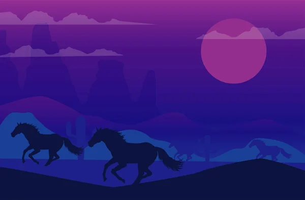 野生の西の砂漠の夜馬が走り — ストックベクタ