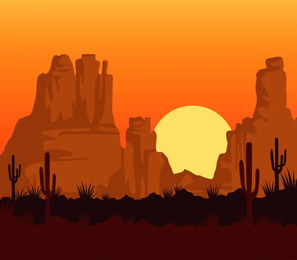 Escena atardecer salvaje oeste con montañas y cactus — Vector de stock