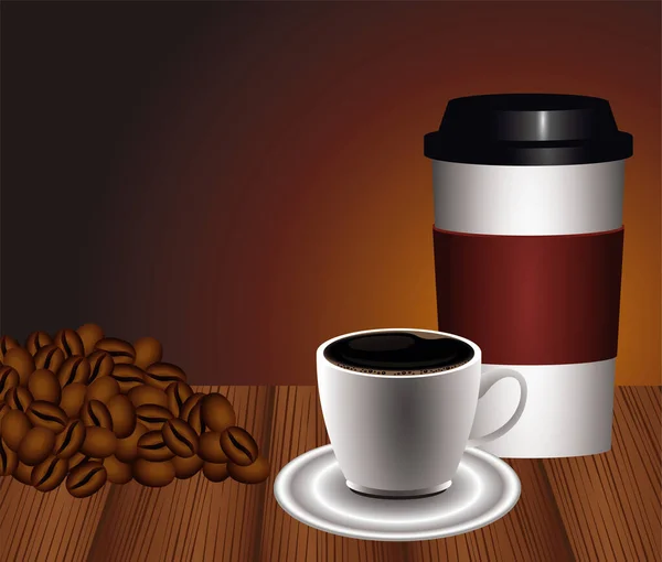 Leckeres Kaffeegetränk Poster mit Samen und Tassen in Holztisch — Stockvektor