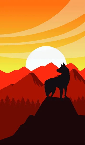 Dziki zachód słońca scena z pies maskotka sylwetka — Wektor stockowy