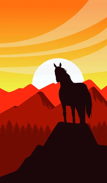 Salvaje oeste puesta de sol escena con caballo en la cima de la montaña — Vector de stock