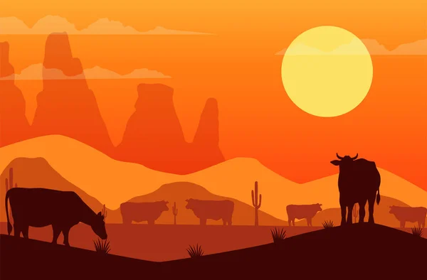 Salvaje oeste puesta de sol escena con vacas — Vector de stock