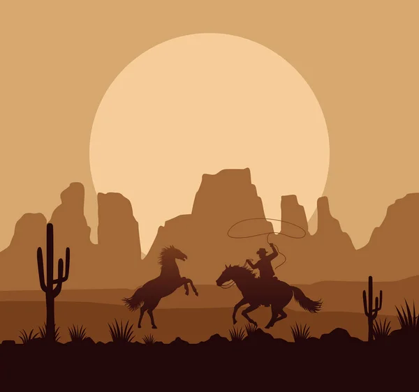 Дикий запад пустынный закат сцены с лошадьми и ковбой — стоковый вектор