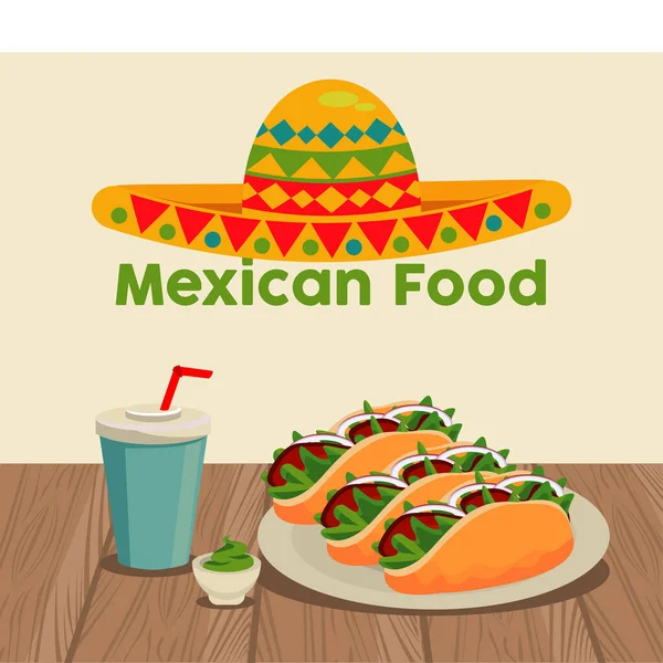 Modelo de comida mexicana com chapéu mariachi e tacos em mesa de madeira — Vetor de Stock