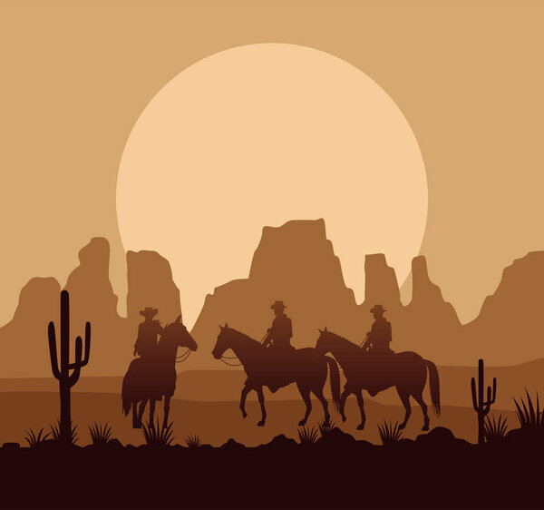 wild west desertic sunset scene with cowboys and horses