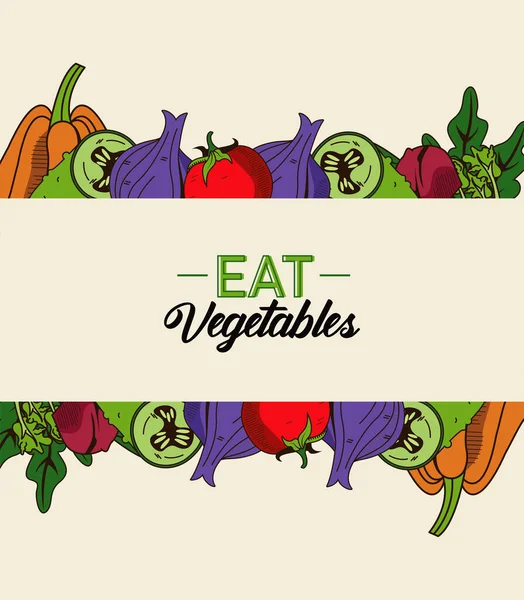 Eet groenten belettering poster met gezond voedsel kleurrijk — Stockvector