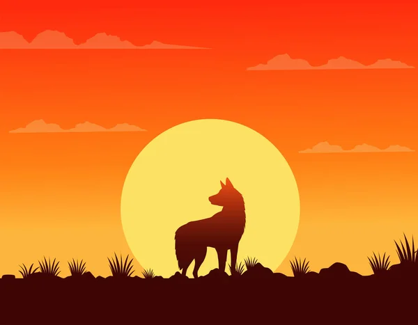 Salvaje oeste puesta de sol escena con perro — Vector de stock