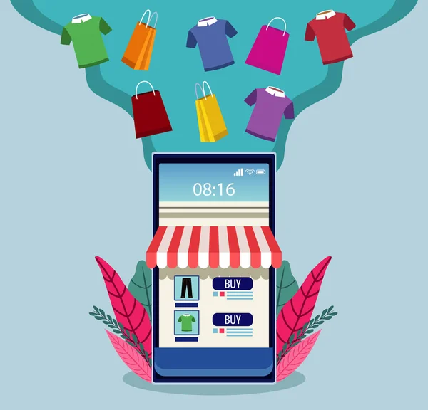 Online vásárlási technológia okostelefonnal és pólóval — Stock Vector