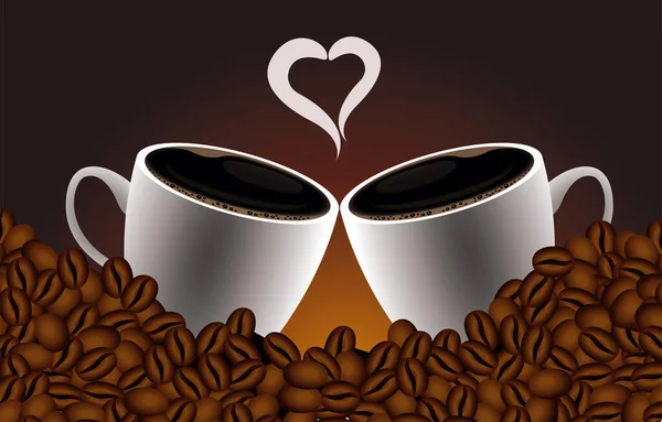 Вкусный кофе постер с чашками и сердцем в семенах — стоковый вектор