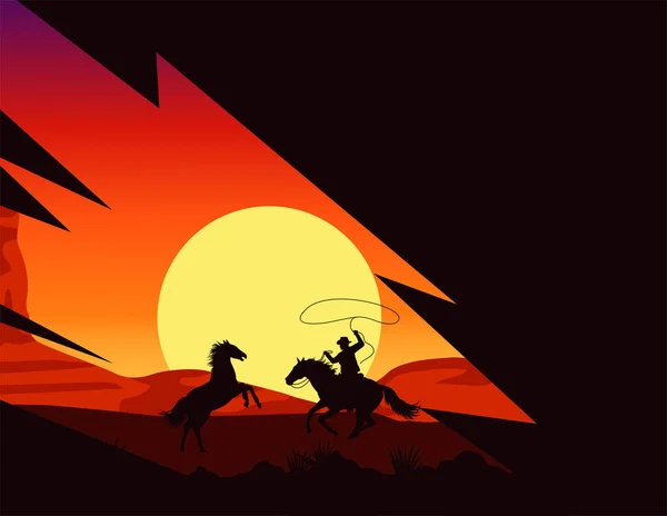 Salvaje oeste puesta de sol escena con vaquero y caballos — Vector de stock