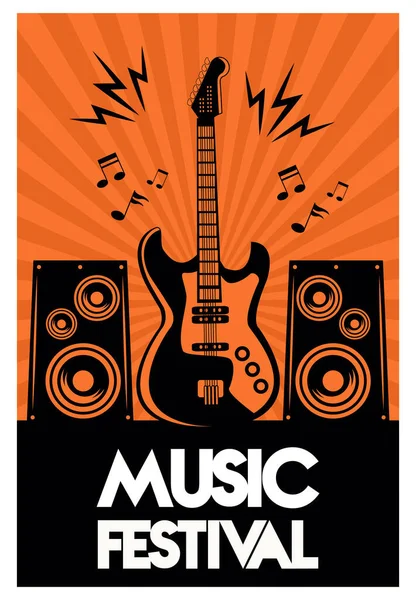 Affiche de lettrage festival de musique avec guitare électrique et haut-parleurs — Image vectorielle