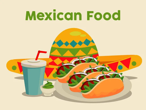 Plantilla de comida mexicana con sombrero de mariachi y tacos — Vector de stock