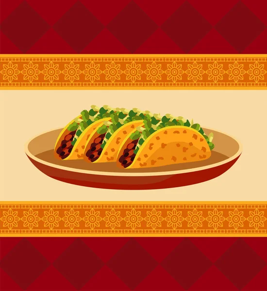 Poster restoran makanan Meksiko dengan taco dalam piring - Stok Vektor