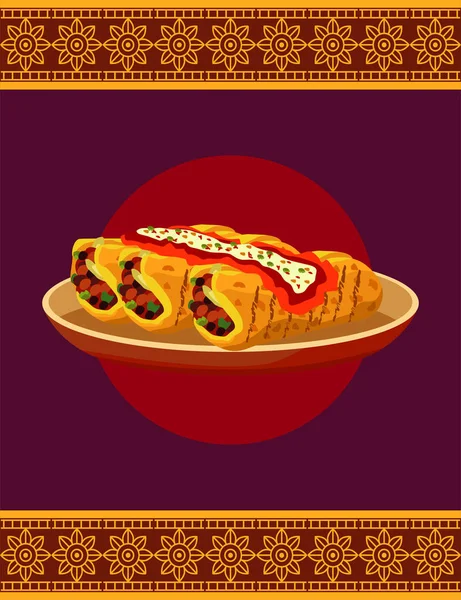Comida mexicana cartaz restaurante com burritos em prato —  Vetores de Stock