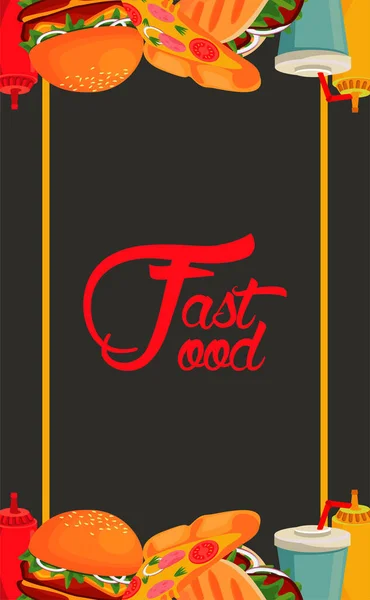 Νόστιμο fast food και γράμματα σε μαύρο φόντο — Διανυσματικό Αρχείο