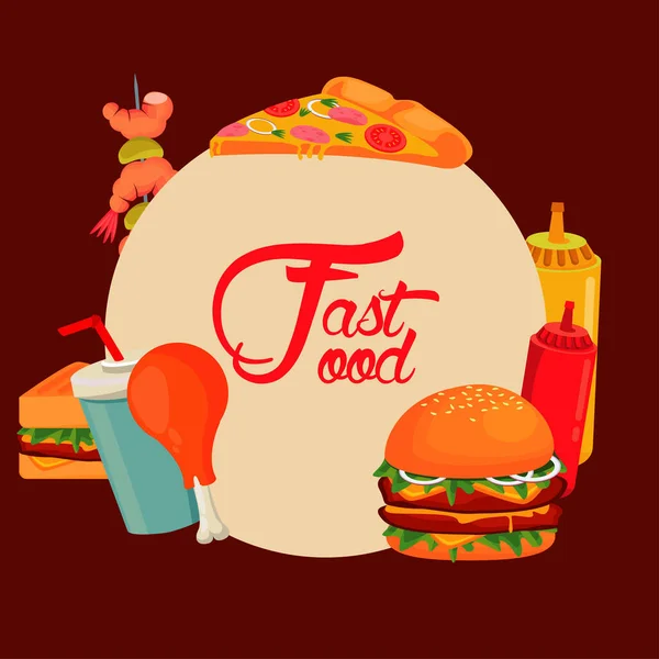 Leckeres Fast Food rund um Schriftzug in Rundrahmen — Stockvektor