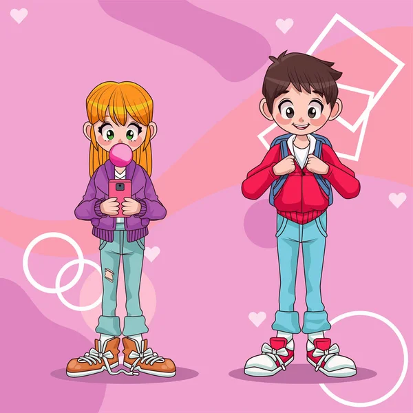 Young teenagers couple with schoolbag and smartphone characters — Stock Vector