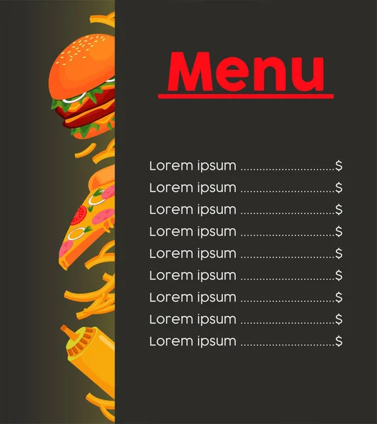 Menu restauration rapide en noir modèle de carte — Image vectorielle