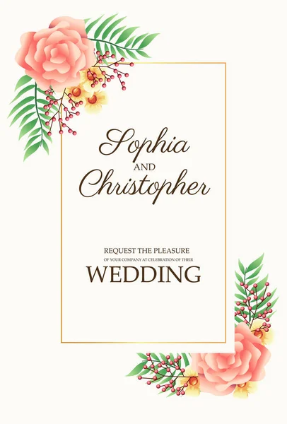 Pozvánka na svatbu s růžovými květy v rozích — Stockový vektor