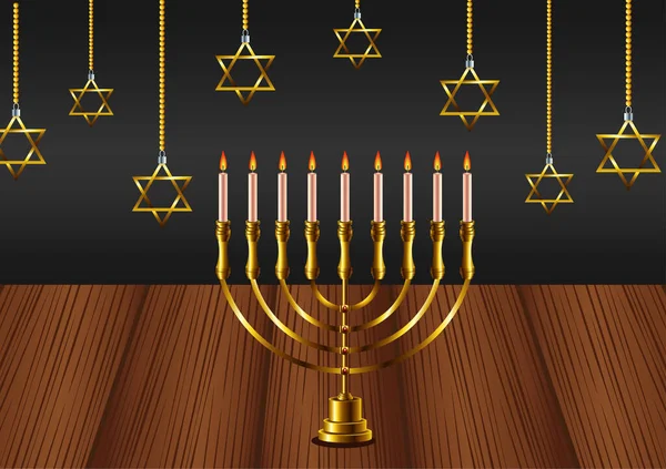 Szczęśliwy święto hanukkah z żyrandol i gwiazdy wiszące w drewnianym stole — Wektor stockowy