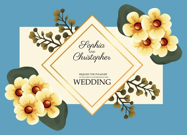 Pozvánka na svatbu se žlutými květy a zlatým rámem — Stockový vektor