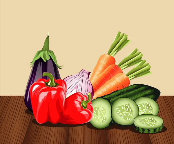 素食，健康食品，木制桌子上有蔬菜 — 图库矢量图片