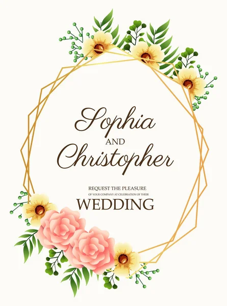 Svatební pozvánka s květinami růžový a zlatý rám — Stockový vektor