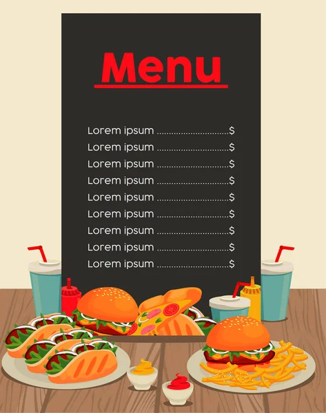 Fast food menu card in wooden table — Stock Vector