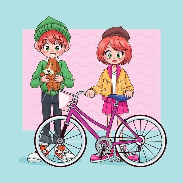 Jovem casal de adolescentes com personagens de cão e bicicleta —  Vetores de Stock