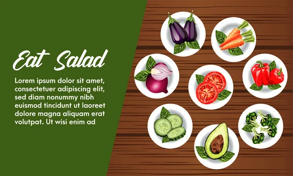 Manger salade lettrage affiche avec des légumes dans les plats sur fond en bois — Image vectorielle