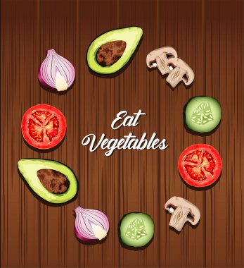 Sebze, harf posteri ve ahşap arka planda sağlıklı yiyecekler yiyin.