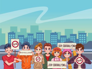 Genç erkekler, kentteki afişlerle zorbalık yapmayı bırakarak protesto ediyorlar.