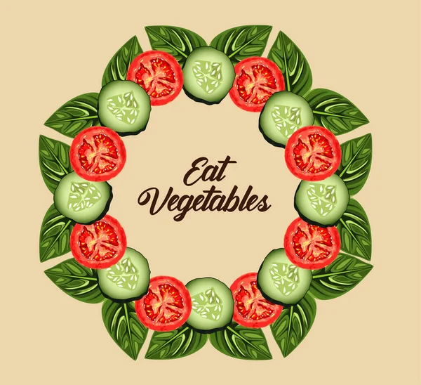 Comer legumes lettering cartaz com tomate e pepinos fatias ao redor — Vetor de Stock