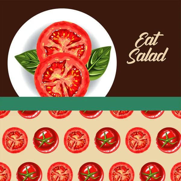 Coma cartaz de lettering de salada com tomates em prato — Vetor de Stock