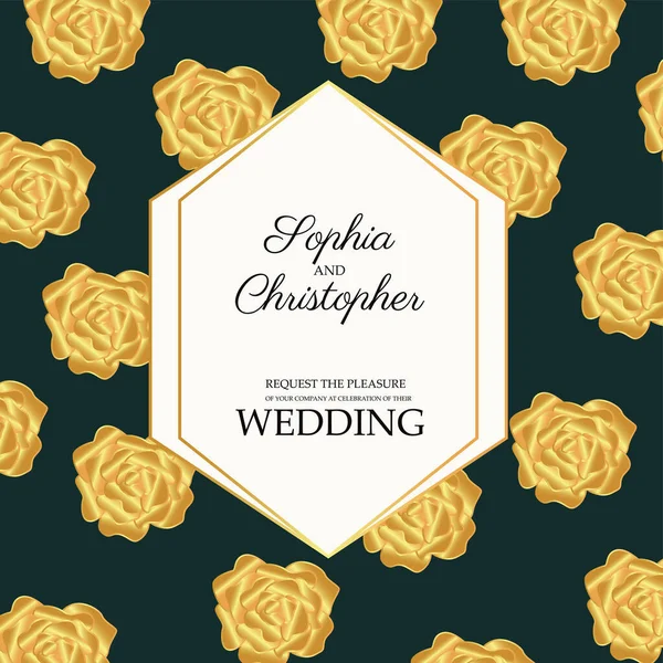 Svatební pozvánka se zlatým rámem a žlutými květy vzor — Stockový vektor