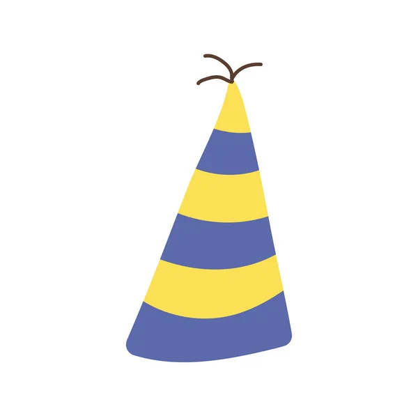 ハッピーバースデー帽子黄色と青のストライプお祝いフラットスタイルのアイコン — ストックベクタ
