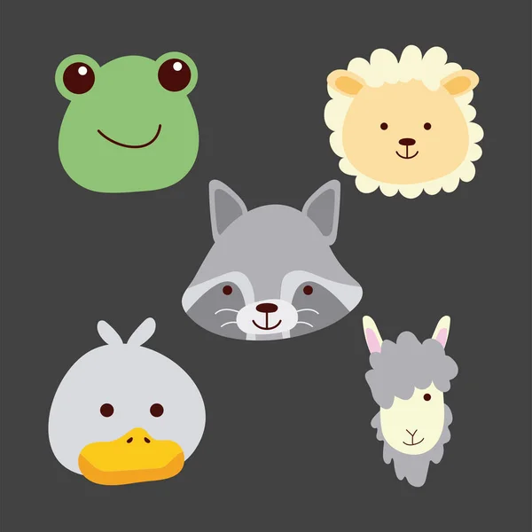 Paquet de cinq mignons petits animaux têtes personnages — Image vectorielle