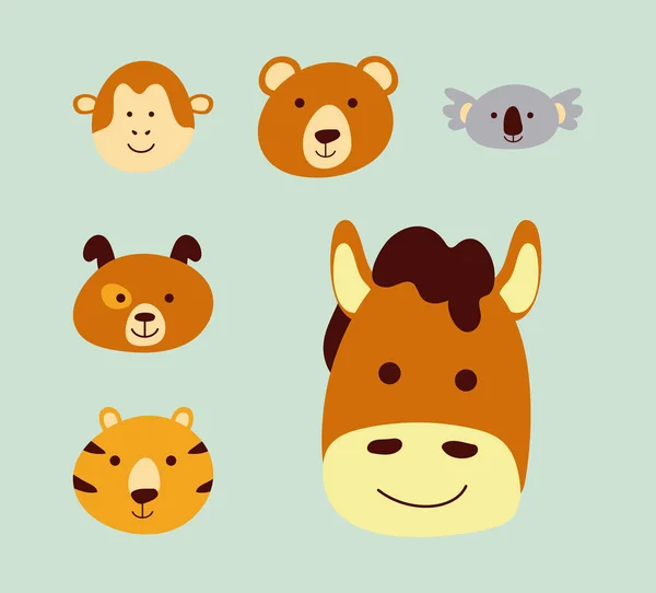 Paquete de seis lindos animalitos cabezas personajes — Vector de stock