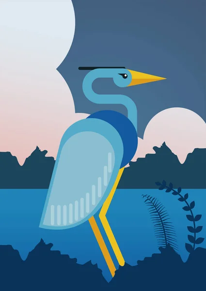 Wild reiger vogel dier exotisch karakter in de rivier — Stockvector