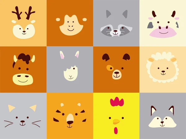 Bundle of twelve cute little animals heads characters — Stock Vector