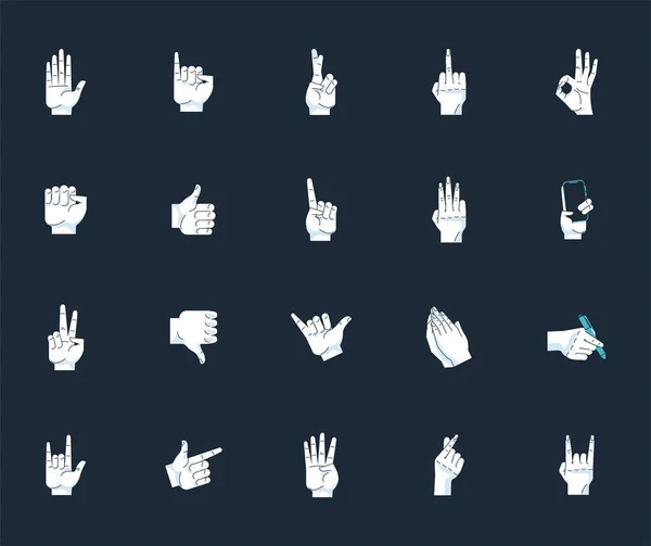 Paquete de veinte manos humanos símbolos gestos en fondo negro — Vector de stock