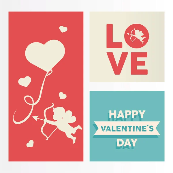 Joyeux Valentines carte de lettrage avec ange Cupidon et coeur flottant — Image vectorielle