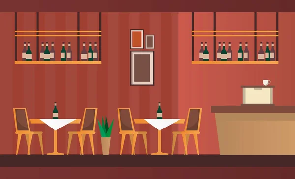 Elegante tafels en stoelen met bar restaurant meubelscene — Stockvector