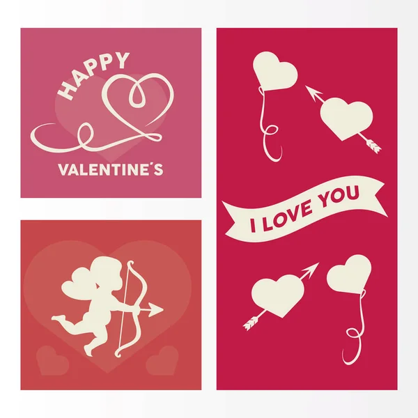 Joyeux Valentines carte de lettrage avec des cœurs et ange Cupidon ensemble icônes — Image vectorielle
