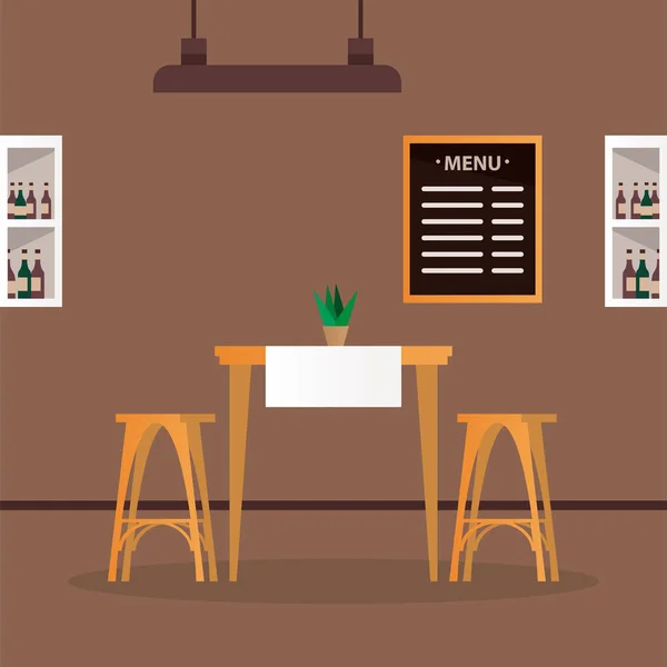 Mesa elegante y sillas con vino en estantes escena del restaurante — Vector de stock